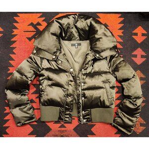 Missguided Women's Puffer Jacket Olive Green Satin Cropped Size US 4 Ribbed Hem